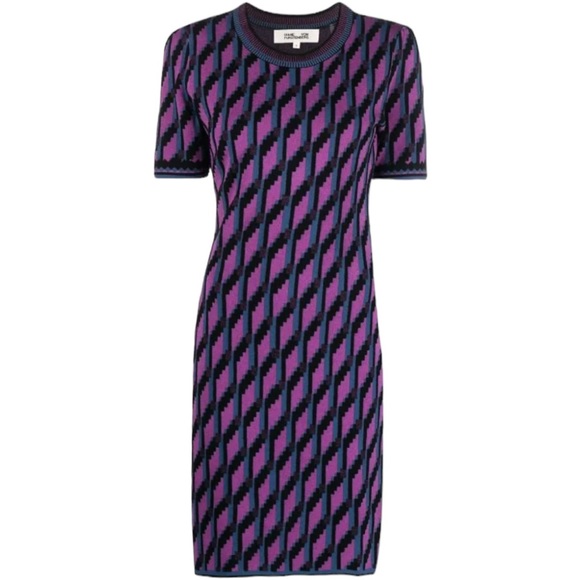 Diane Von Furstenberg Dvf Anahi Cube Chain Purple Mini Sweater Dress Size S - Picture 5 of 8